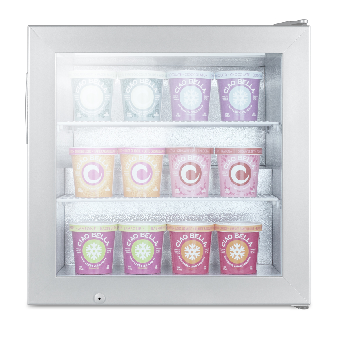 Countertop commercial freezer with self-closing door and stainless steel wrapped cabinet; replaces FS20LCSS